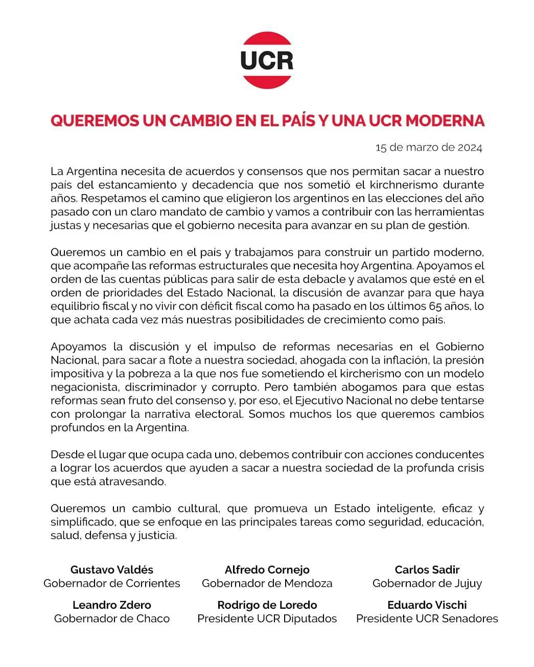 Comunicado Gobernadores y presidentes de bloque