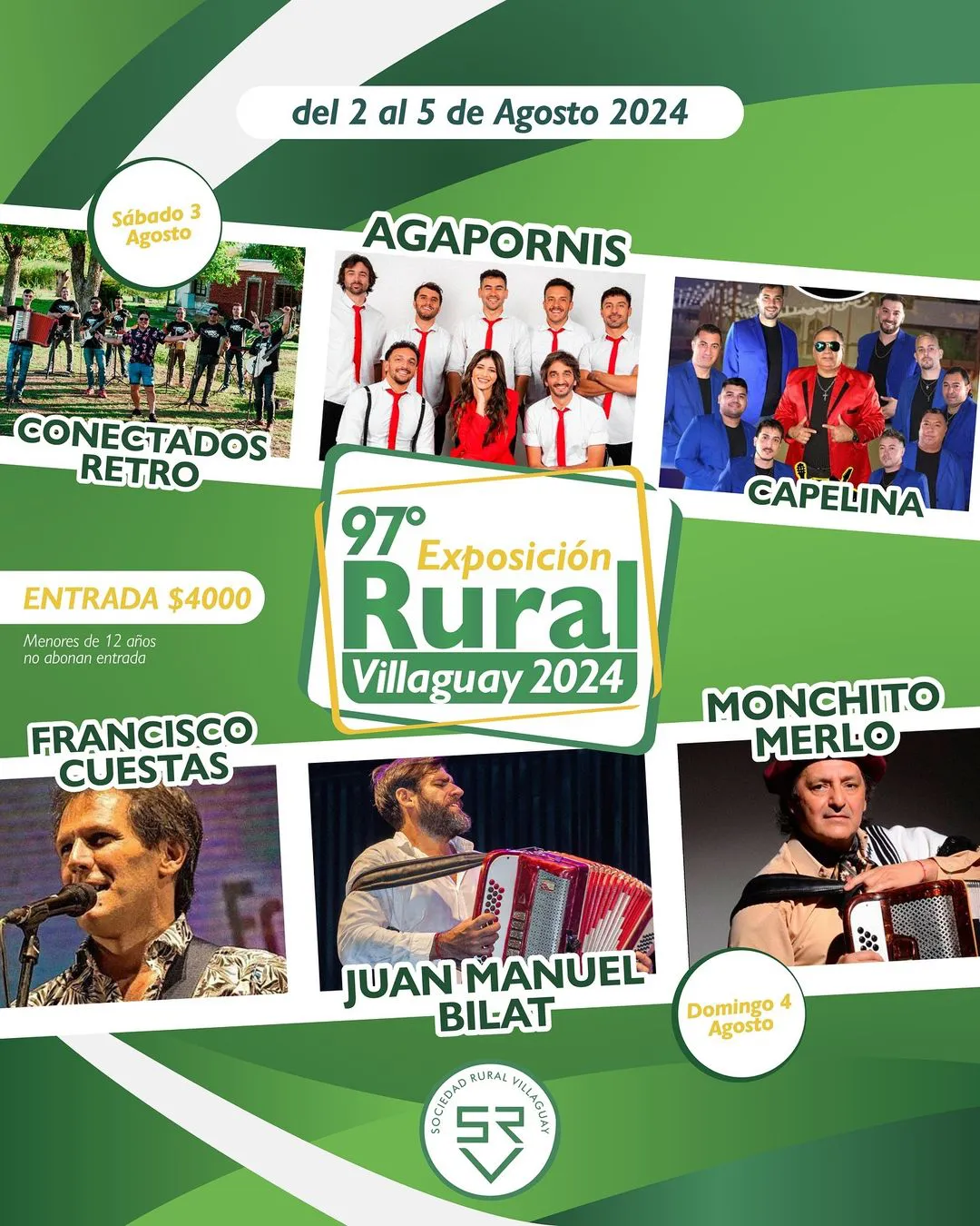 ¡Prepárate para un fin de semana lleno de música en la 97° Expo Rural Villaguay!   Sábado 3 de agosto- Agapornis Capelina🪩Conectados Retro  Domingo 4 de agosto-  Juan Manuel Bilat Monchito Merlo Francisco Cuestas